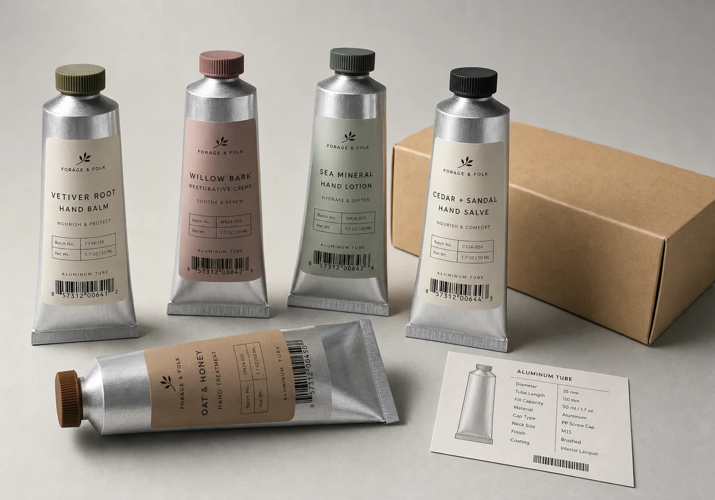 Aluminum squeeze tube packaging samples with printed labels, caps, and spec card