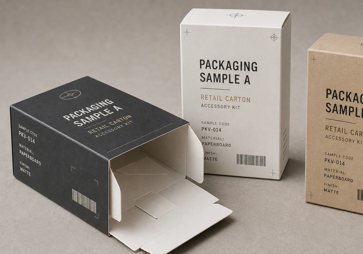 Auto-lock bottom carton samples with printed labels and visible locking base details