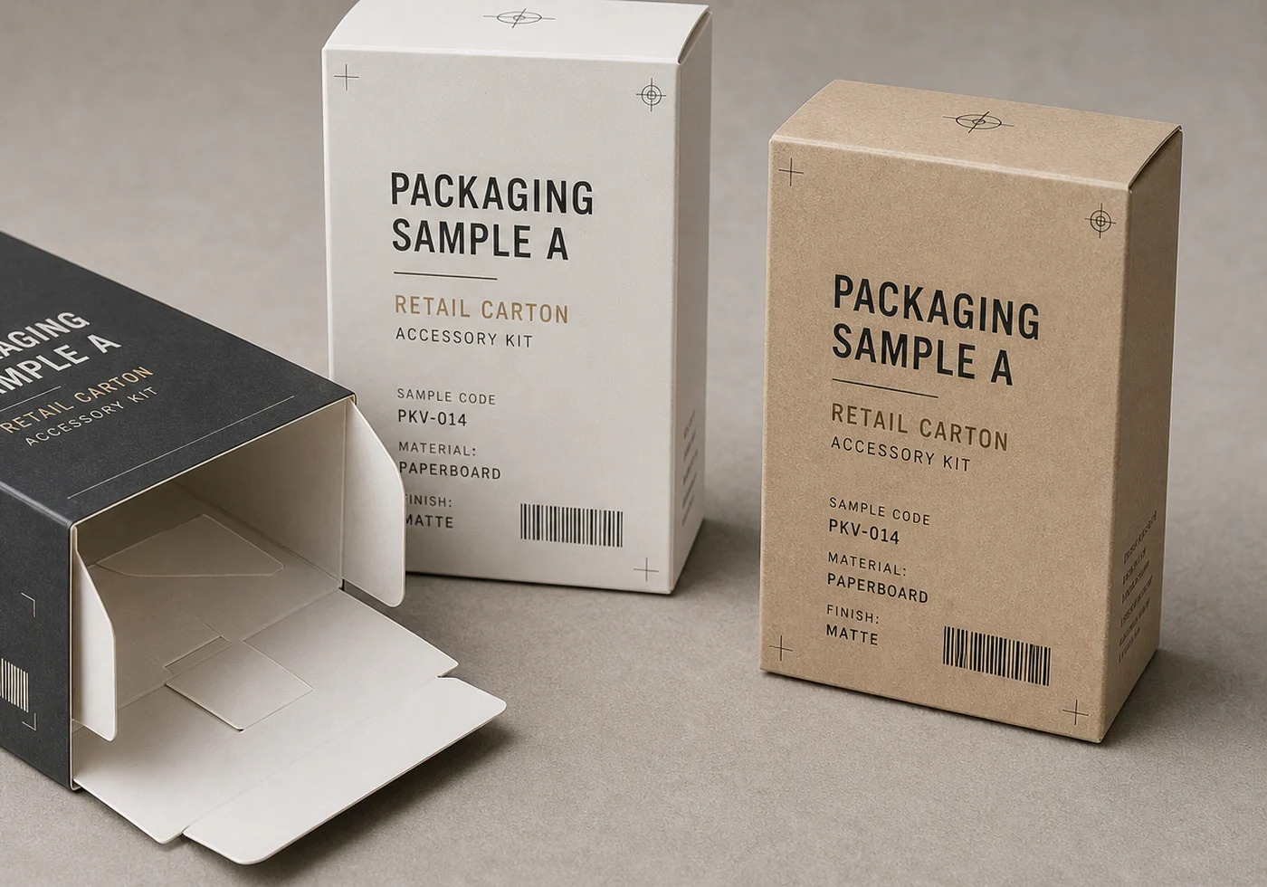 Auto-lock bottom carton group showing tuck flaps, bottom closure, and retail sample artwork