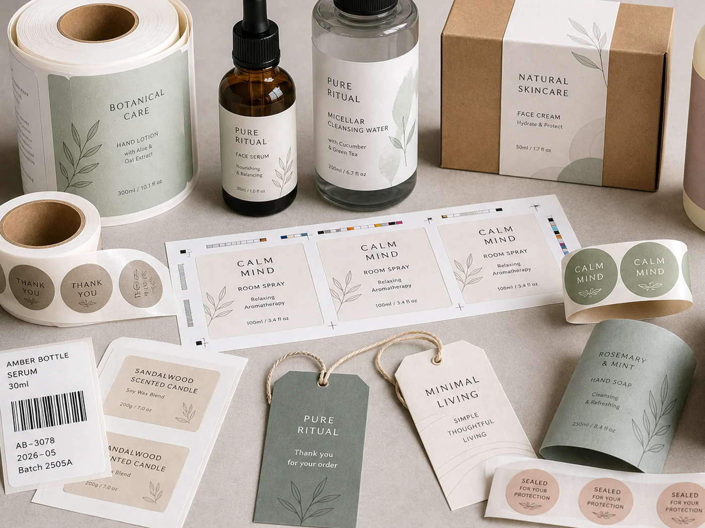 Printed labels, sleeves, stickers, and hang tags arranged with branded packaging components