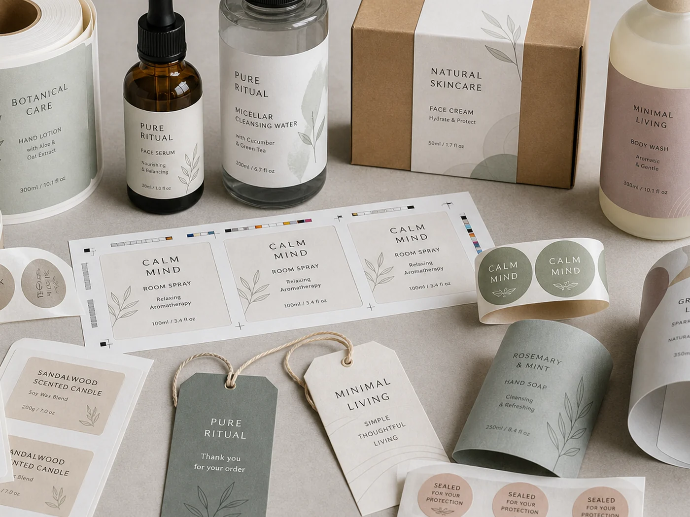 Printed labels, sleeves, stickers, and hang tags arranged with branded packaging components