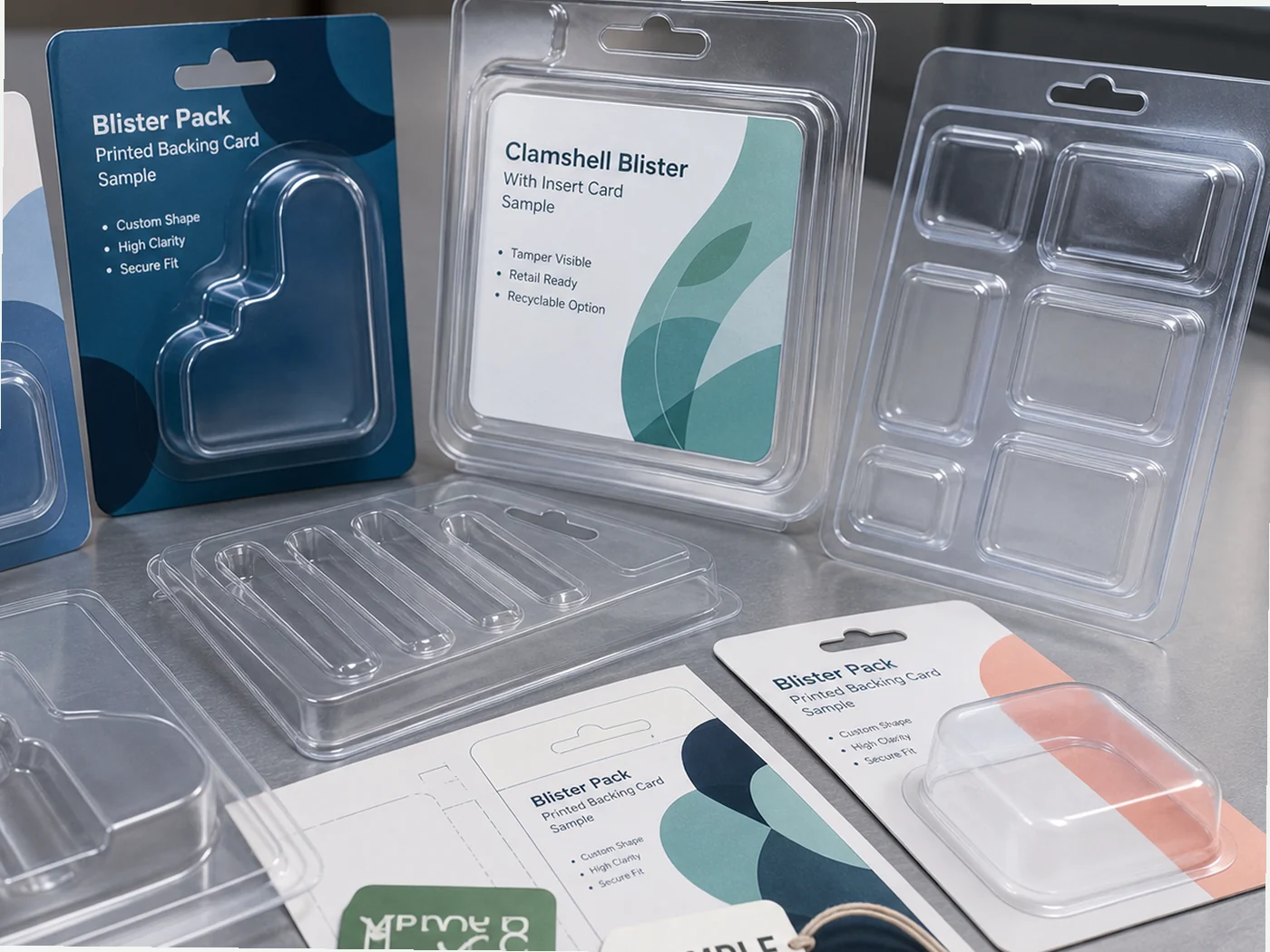 Clear thermoformed blister and tray packaging samples with printed backing cards
