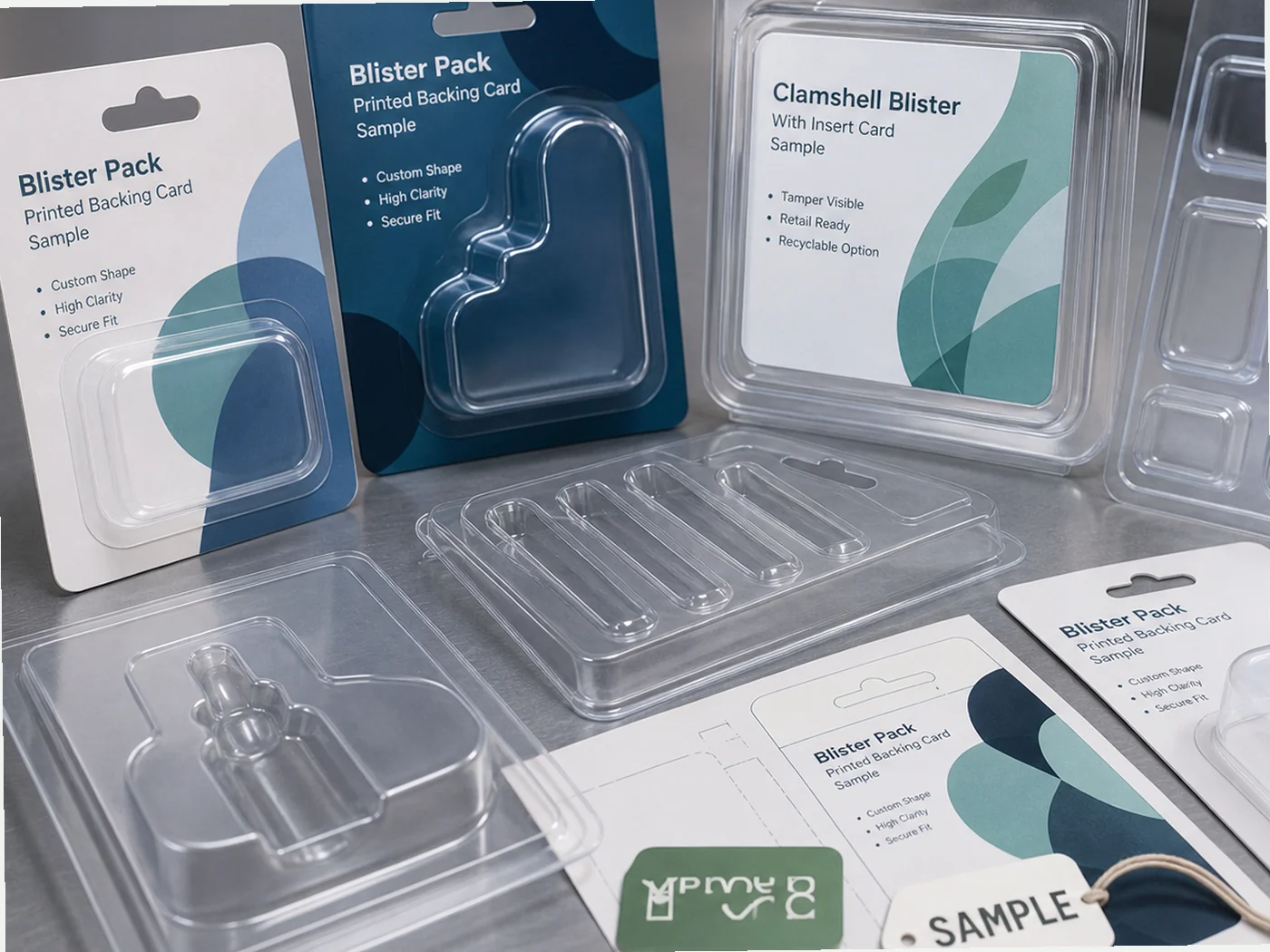 Clear thermoformed blister and tray packaging samples with printed backing cards