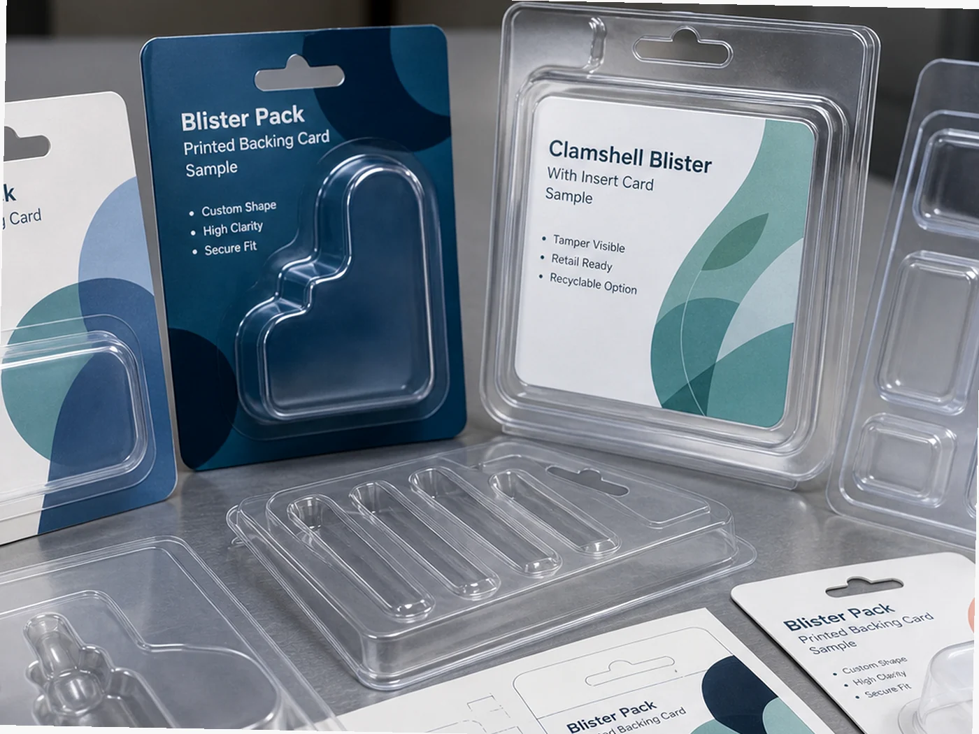 Clear thermoformed blister and tray packaging samples with printed backing cards
