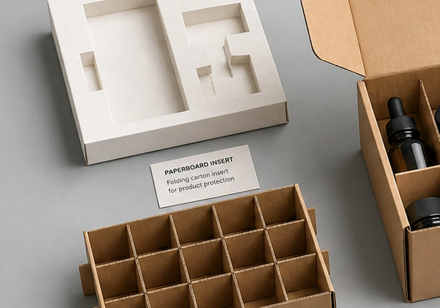 Open box packaging with paper insert and protective filler