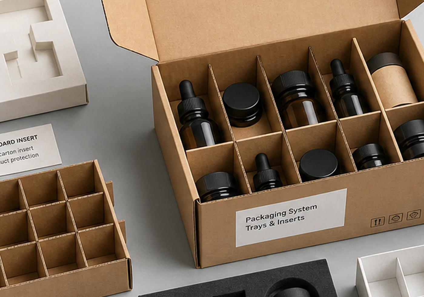 Open box packaging with paper insert and protective filler