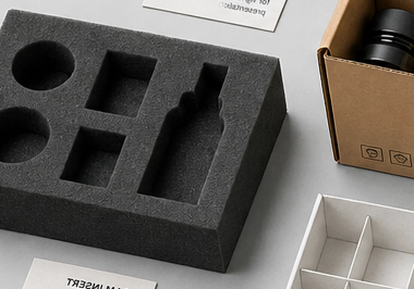 Cardboard tray insert samples with cut cavities and printed measurement card