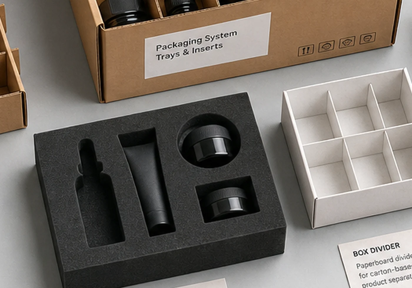 Open box packaging with paper insert and protective filler