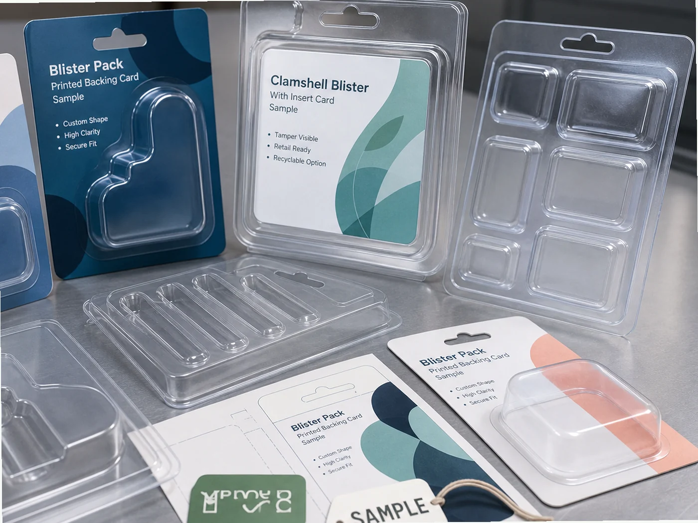 Clear thermoformed blister and tray packaging samples with printed backing cards