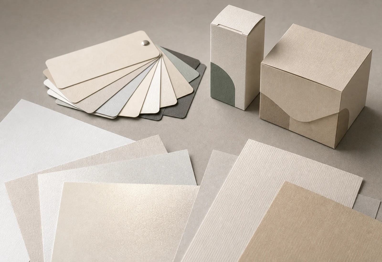 Specialty paper swatches with textured packaging carton samples