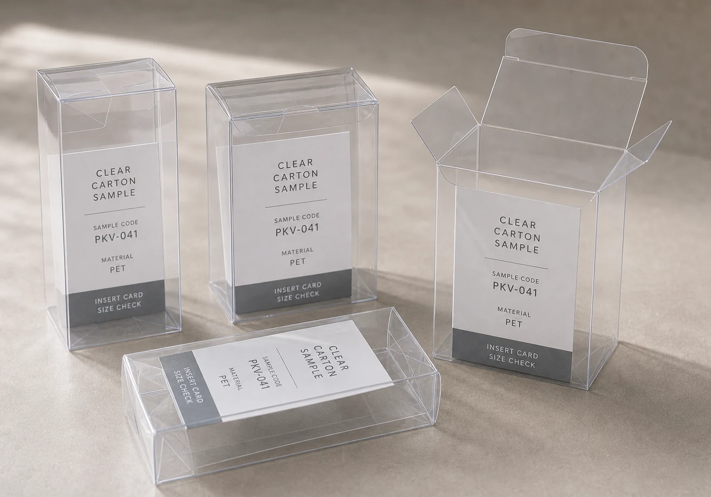 Clear PET folding carton samples with insert cards, tuck flaps, and transparent edges