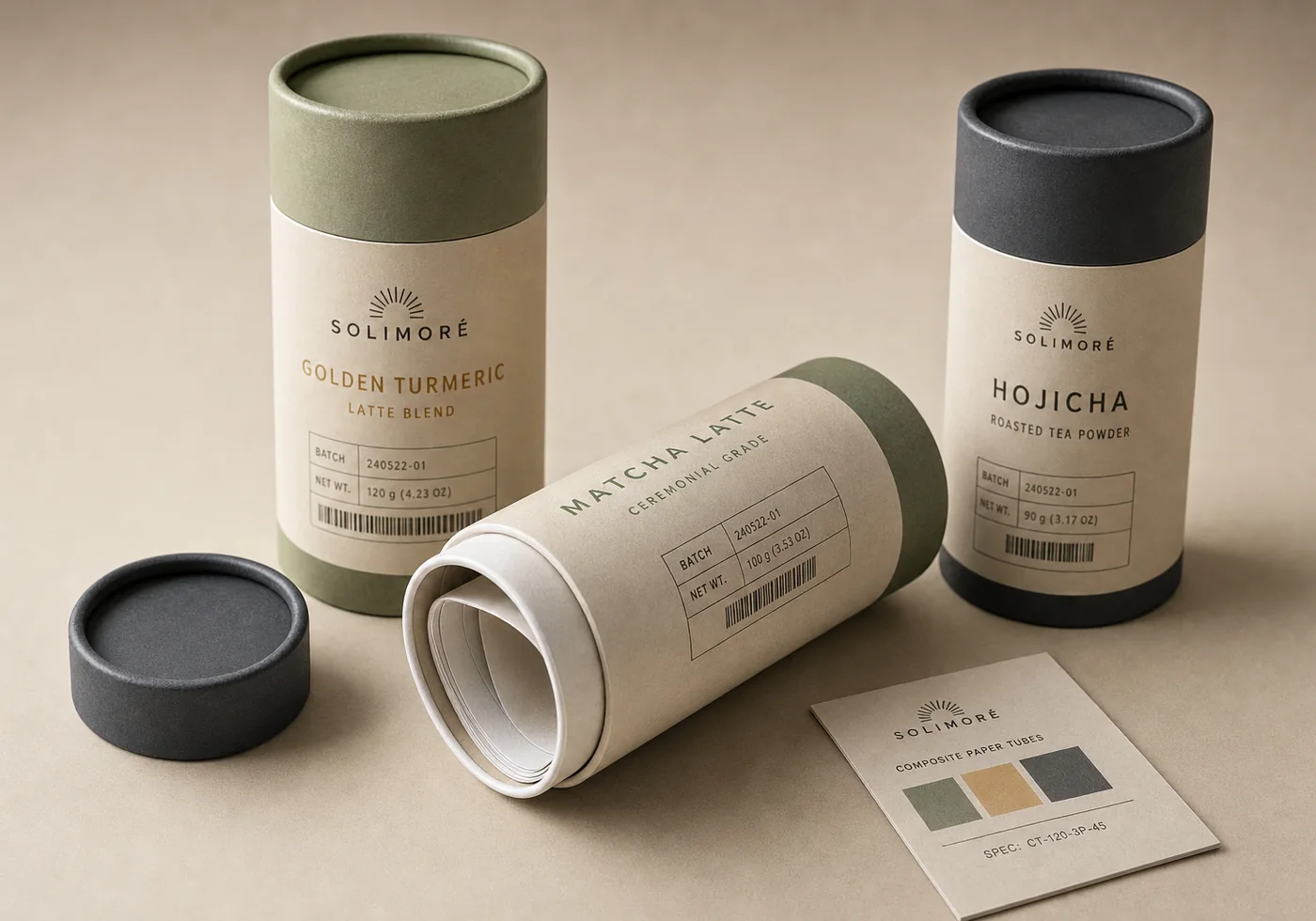 Composite paper tube samples with printed labels, removable lids, and liner detail