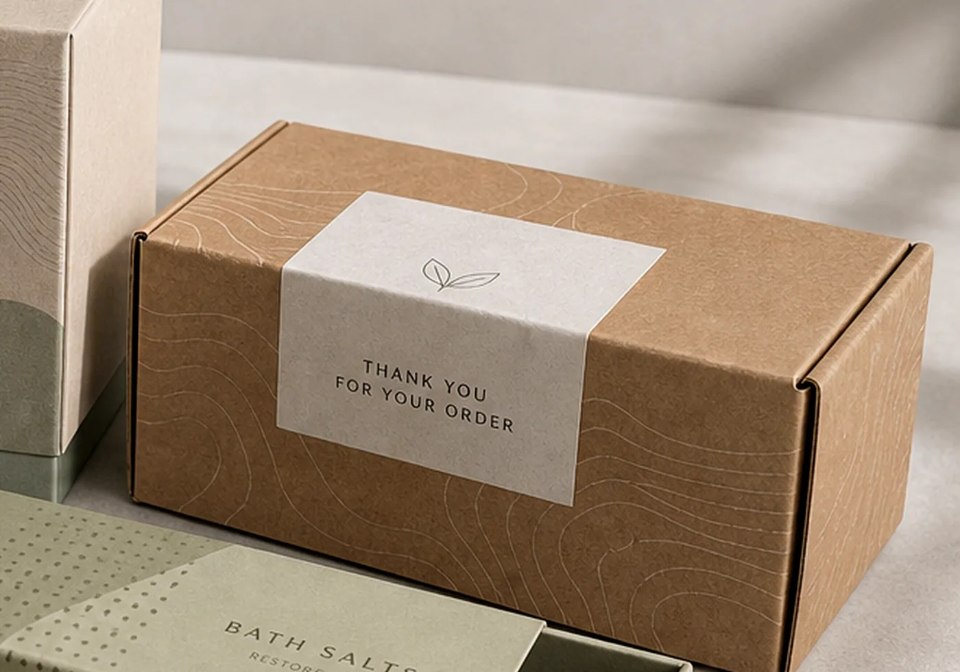 Corrugated shipping box sample with kraft liner, printed product label, and folded flute edge detail