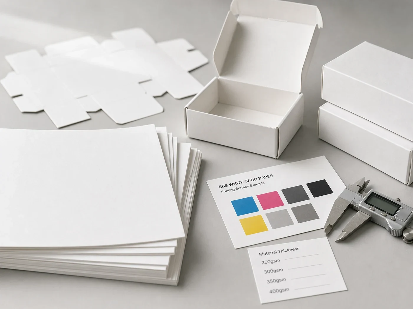 White card paper stock samples with thickness cards and print proof swatches