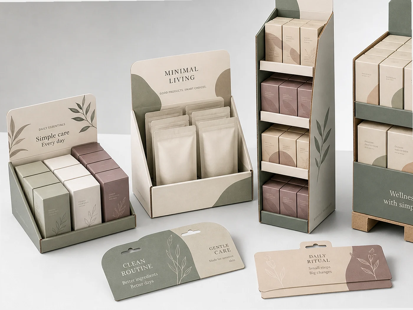 Retail display packaging structures arranged for shelf and merchandising presentation