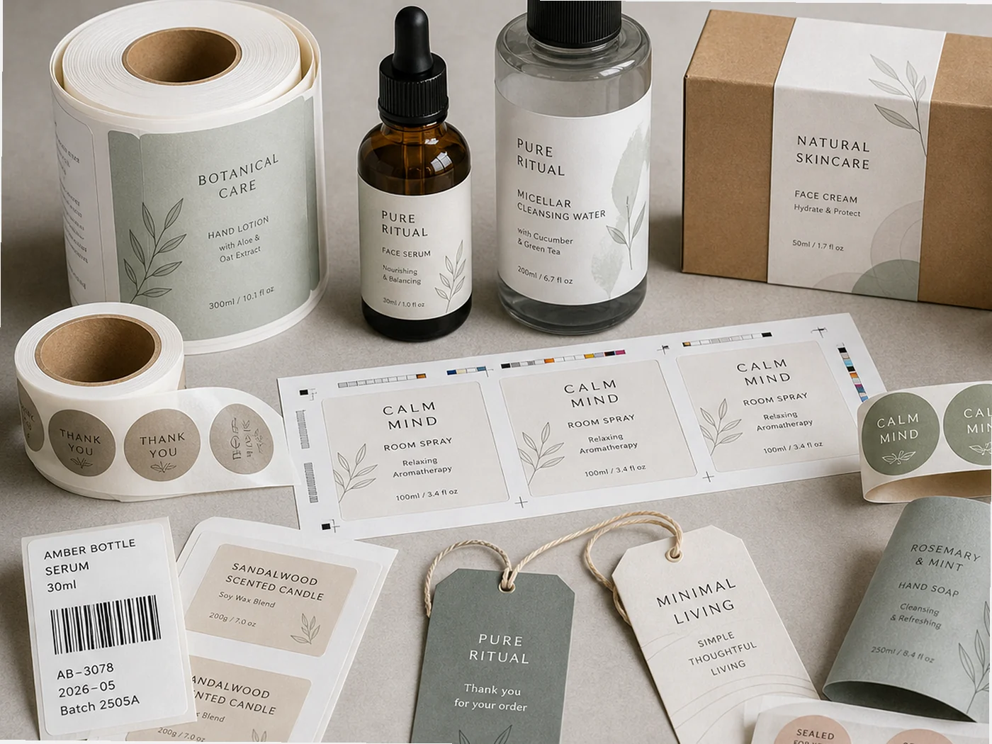 Printed labels, sleeves, stickers, and hang tags arranged with branded packaging components