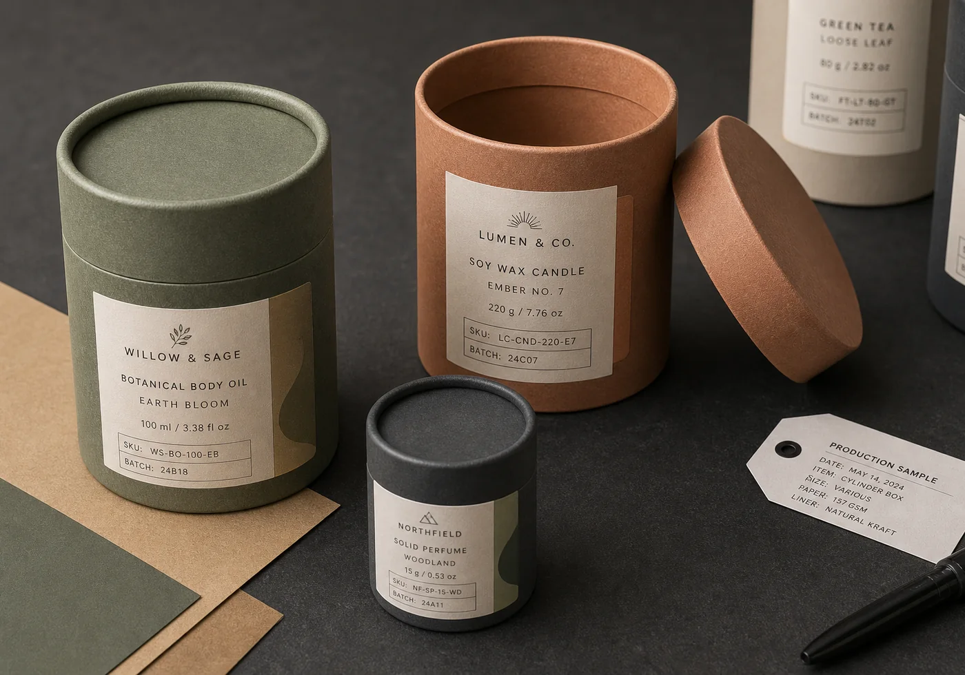 Rigid cylinder paperboard box samples with lids, labels, and product spec tag