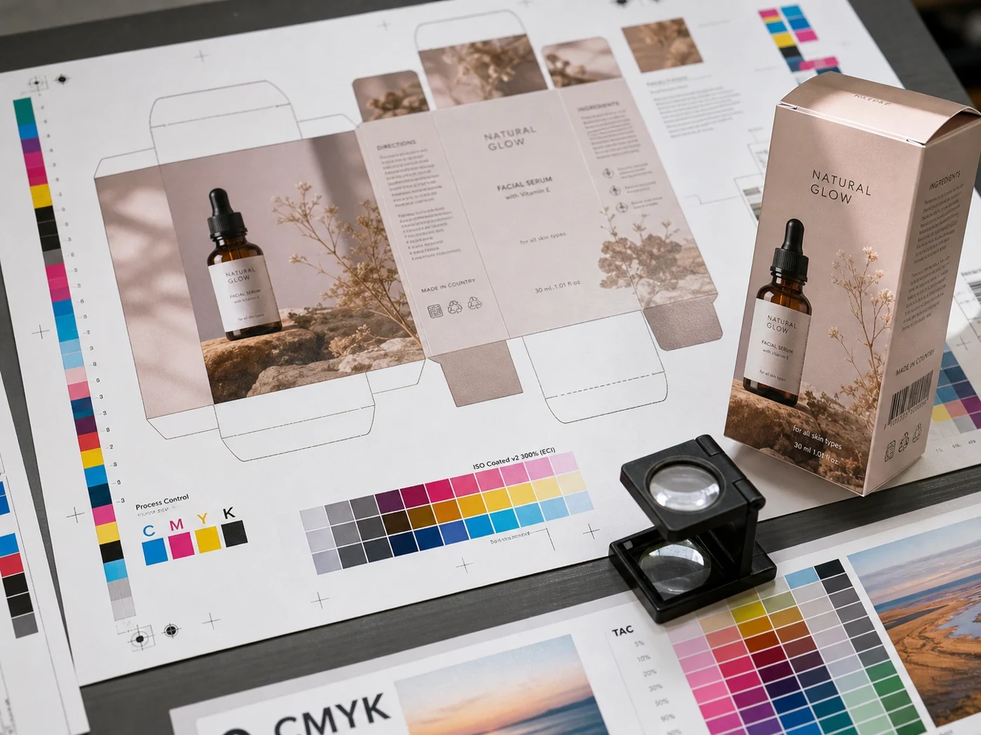 CMYK carton print proof with color bars, dieline sheet, and folded sample box