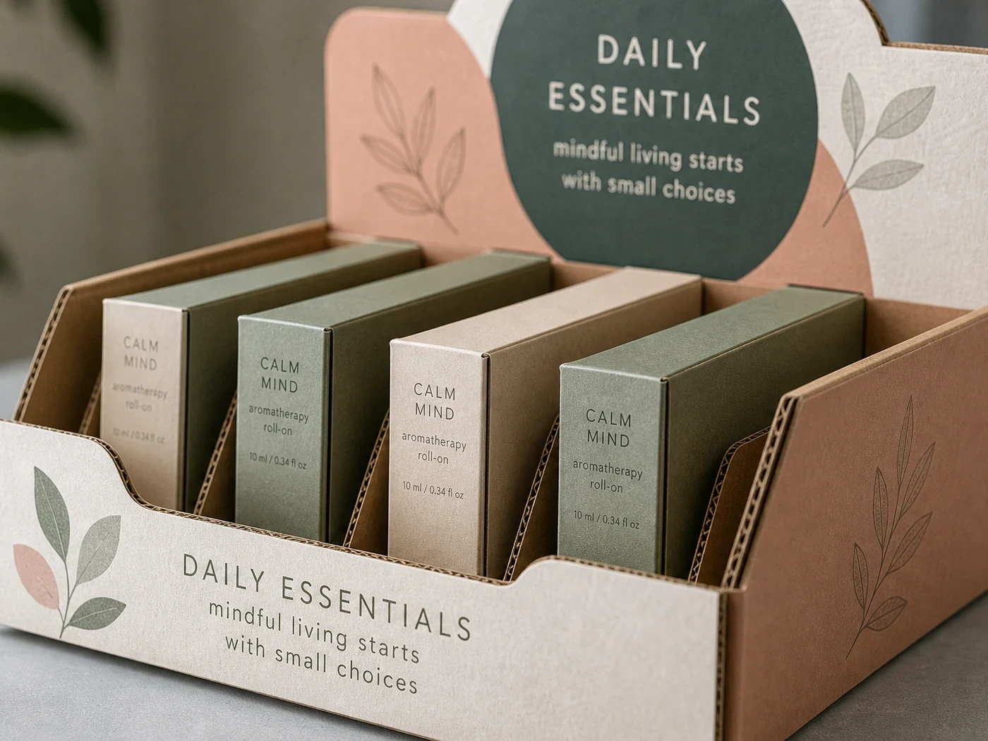 Retail counter display tray with printed header card, product rows, and sample merchandising labels