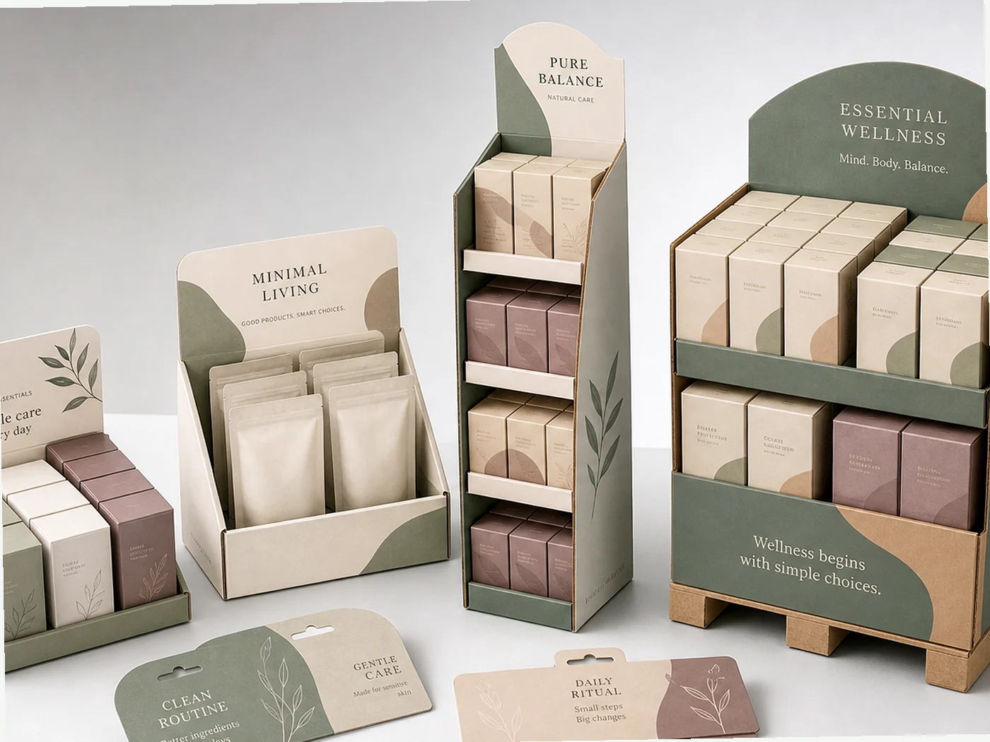 Retail display packaging structures arranged for shelf and merchandising presentation