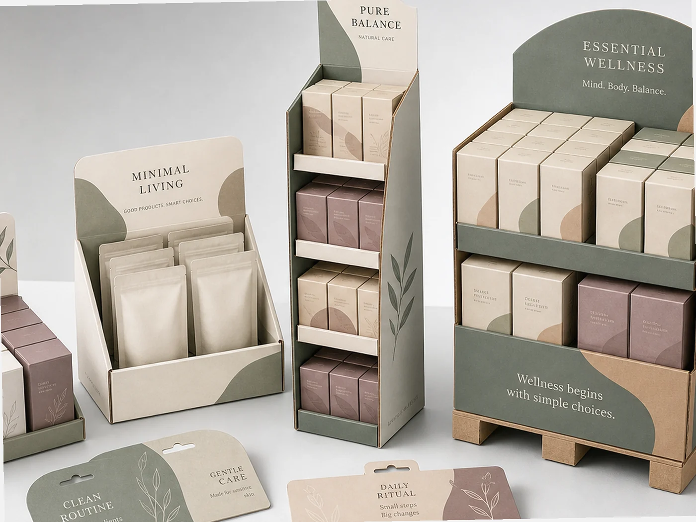 Retail display packaging structures arranged for shelf and merchandising presentation