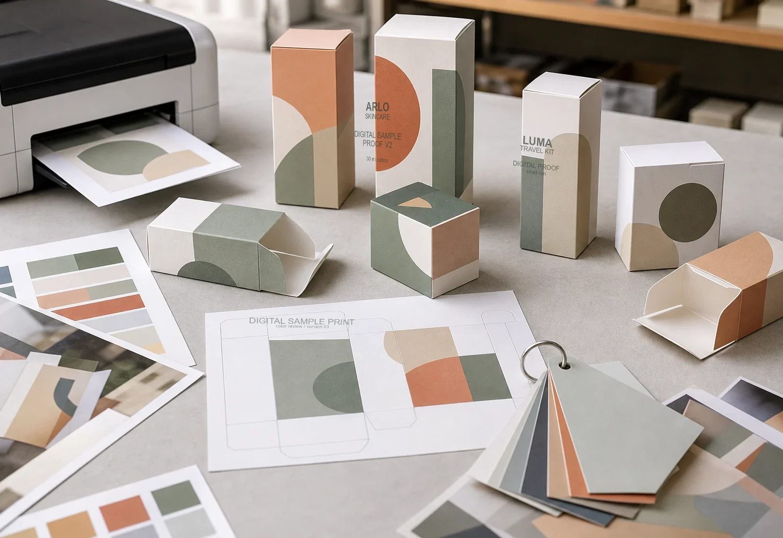 Digital sample printed cartons with private-label proof marks and color review sheets