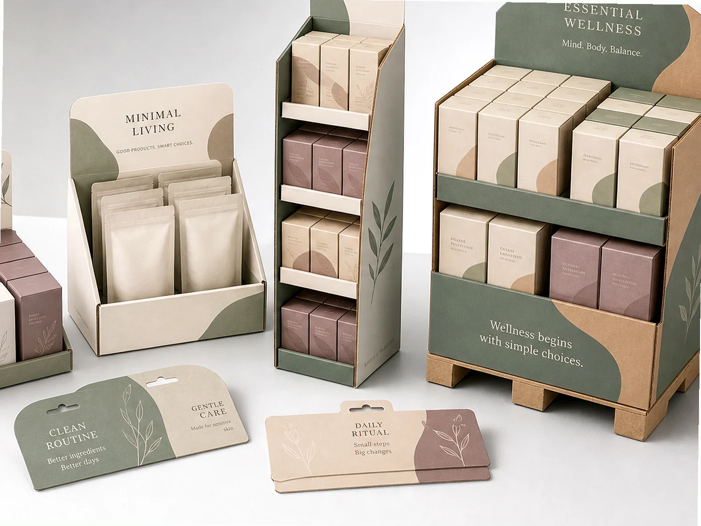 Retail display packaging structures arranged for shelf and merchandising presentation