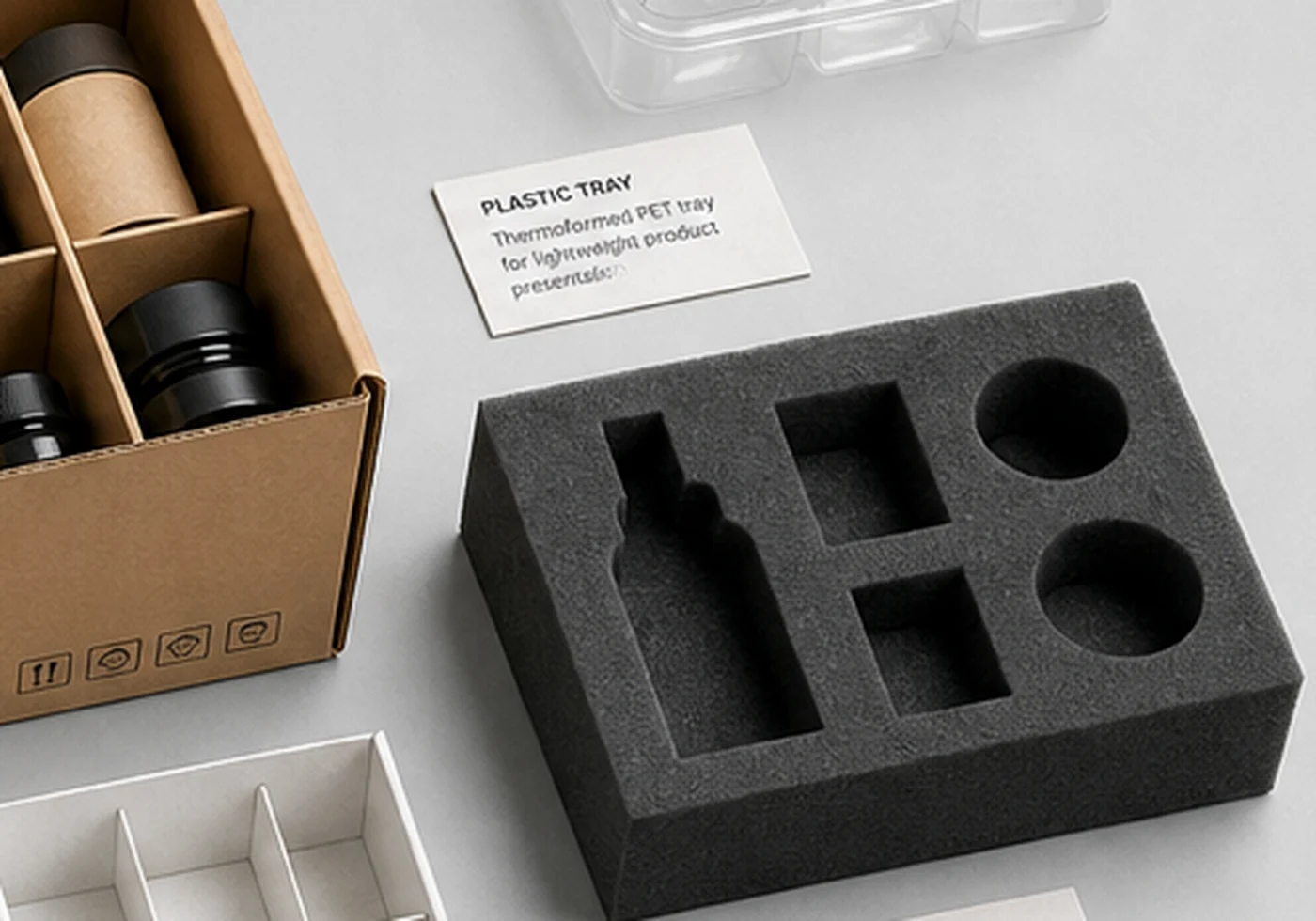 Open box packaging with paper insert and protective filler
