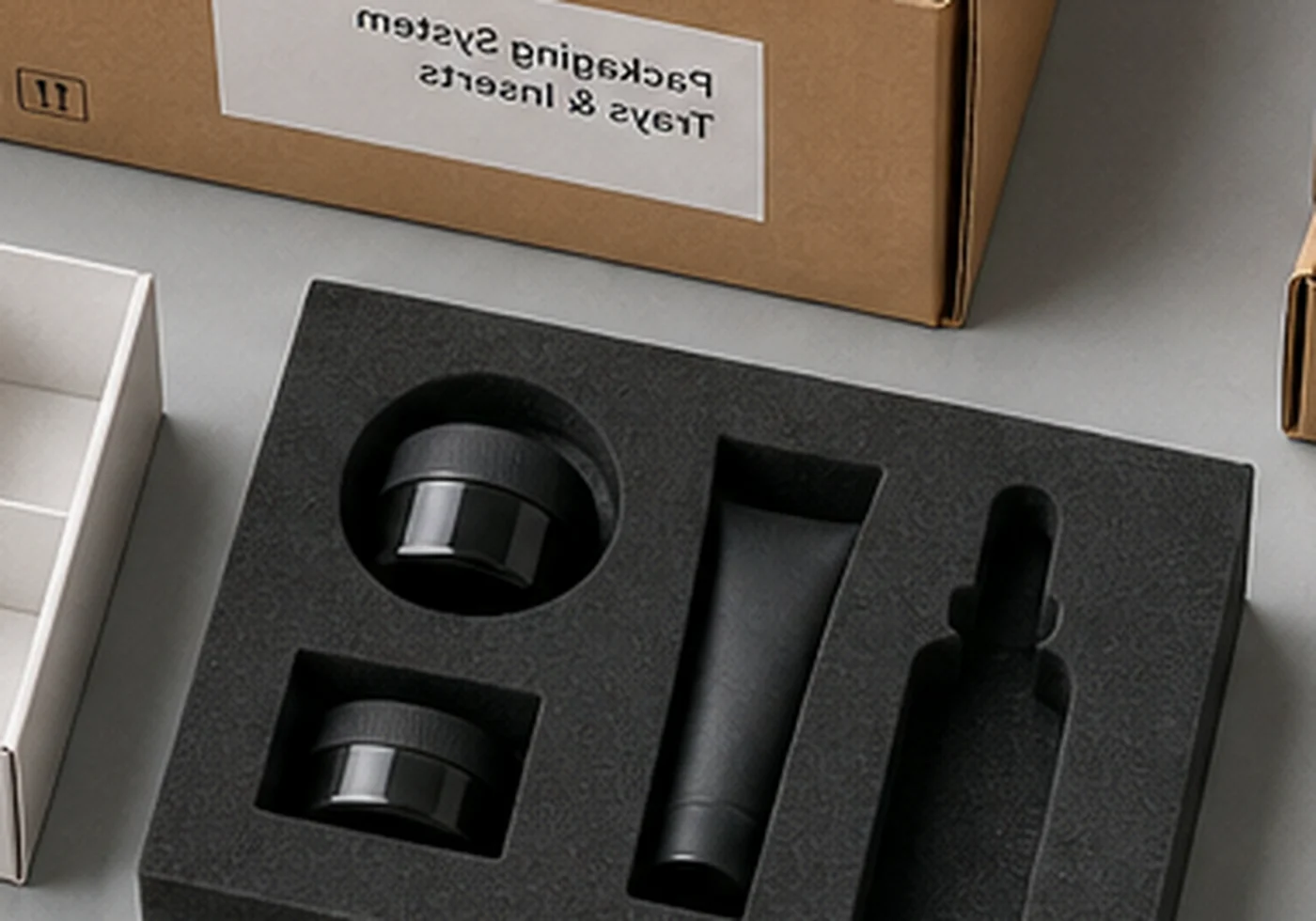 Corrugated divider grid sample with compartments and packaging specification card