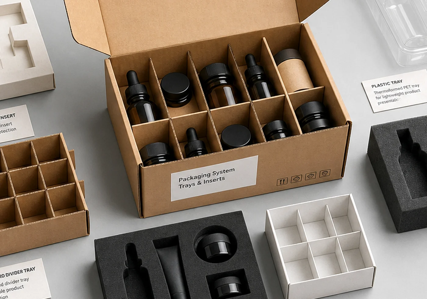 Open box packaging with paper insert and protective filler