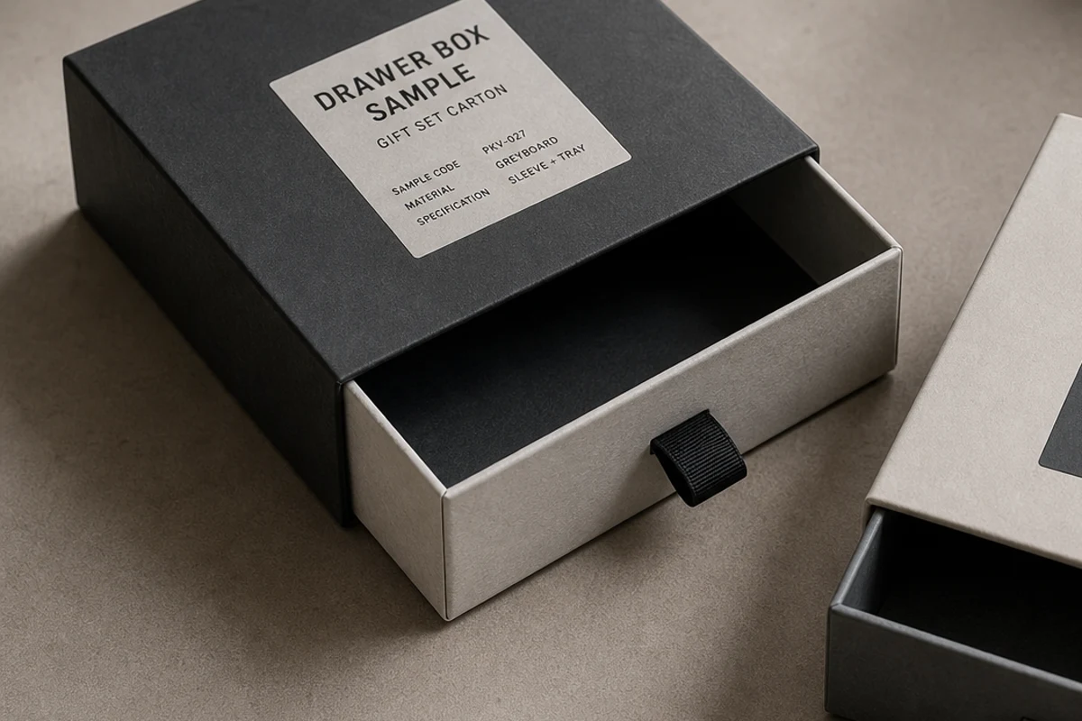 Rigid drawer box sample with sliding tray, ribbon pull tab, and printed specification label