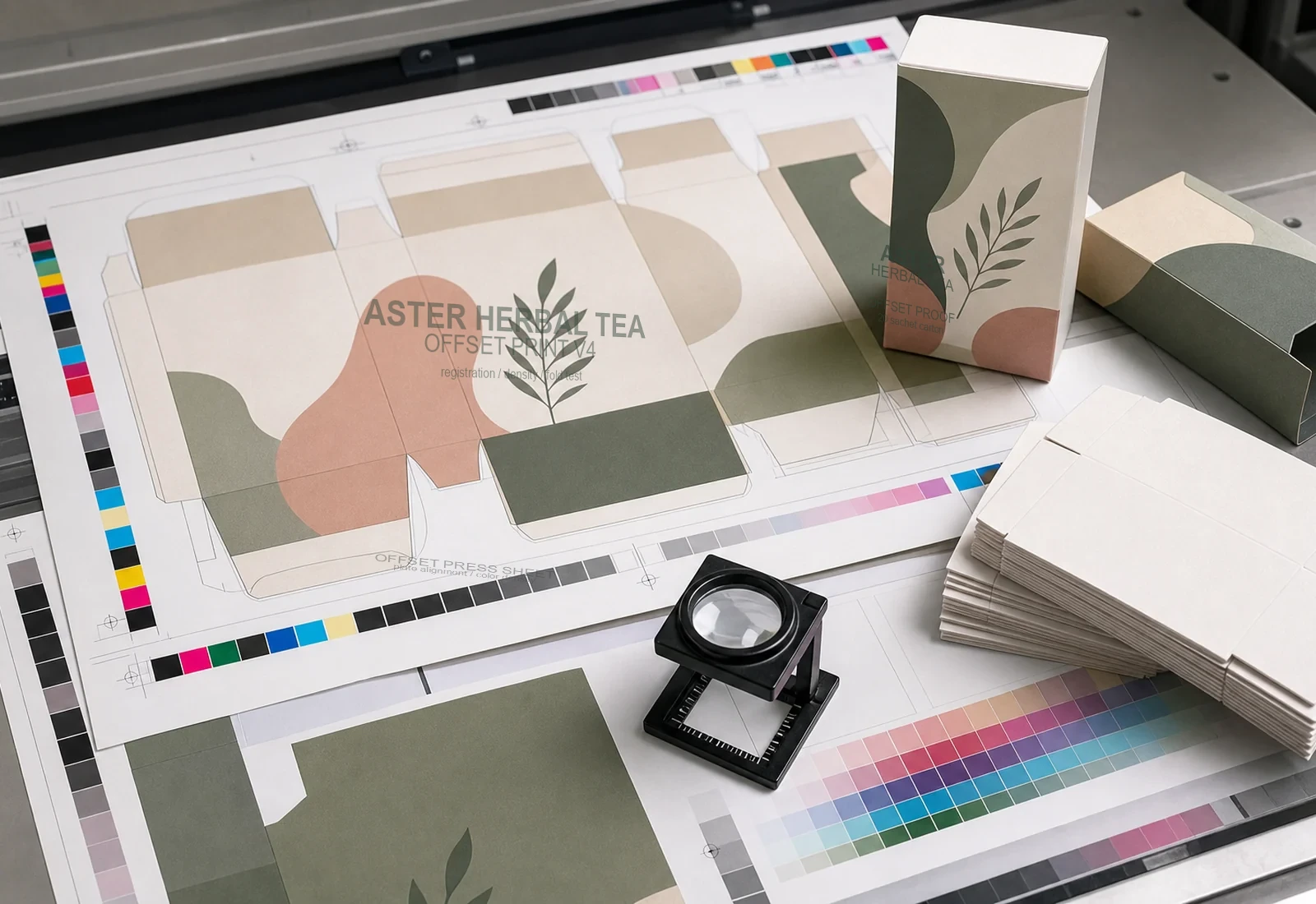 Offset printed herbal tea carton press sheet with registration and density proof marks
