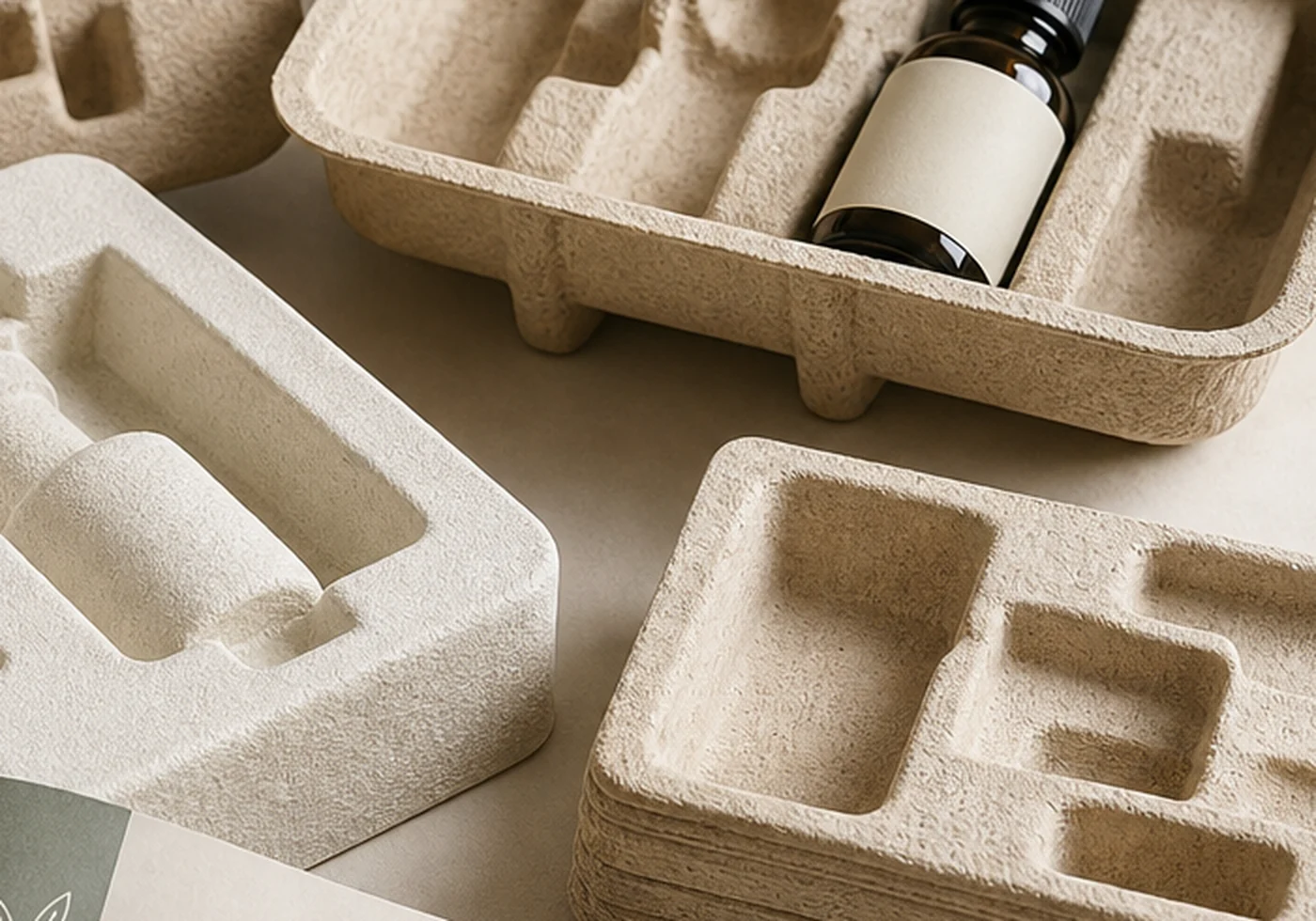 Fiber molded pulp tray packaging with formed protective cavities
