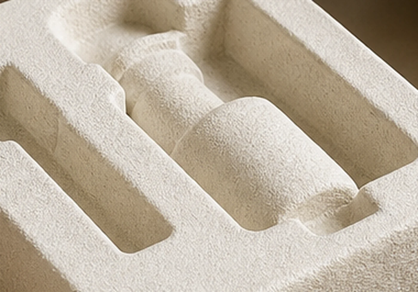 Dry-press molded pulp insert sample with molded cavities and fiber texture