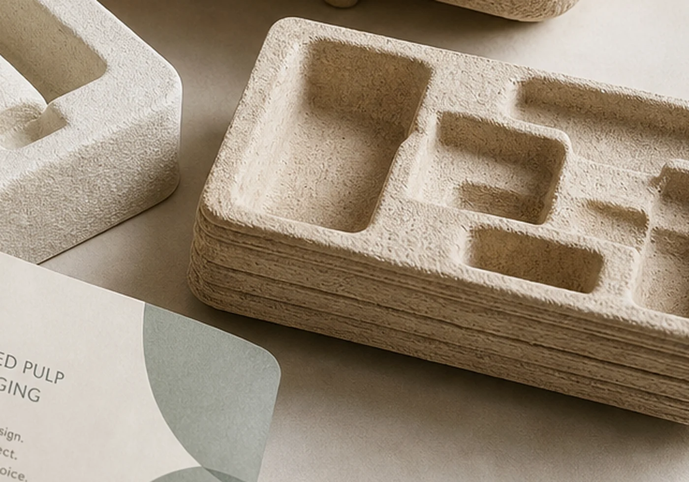 Fiber molded pulp tray packaging with formed protective cavities
