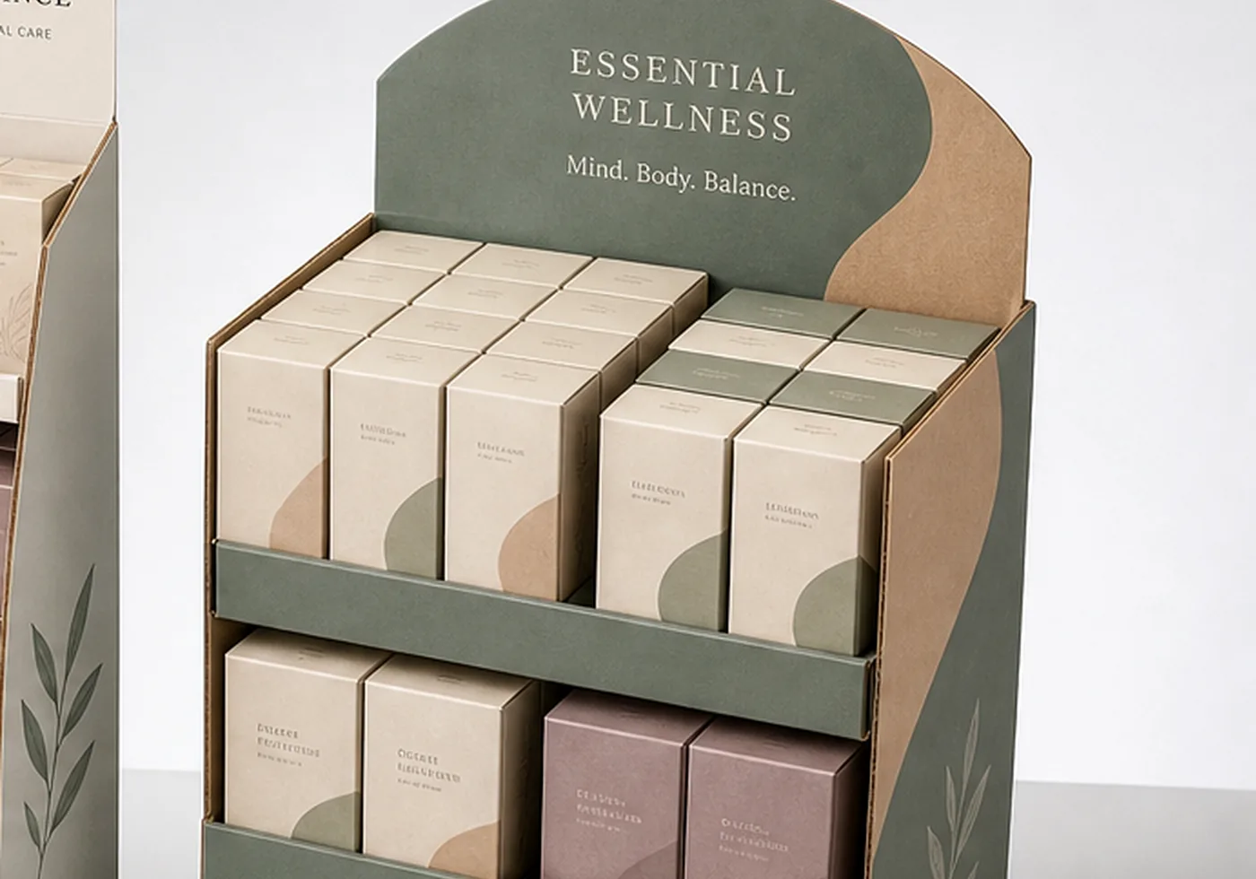 Retail display packaging structures arranged for shelf and merchandising presentation