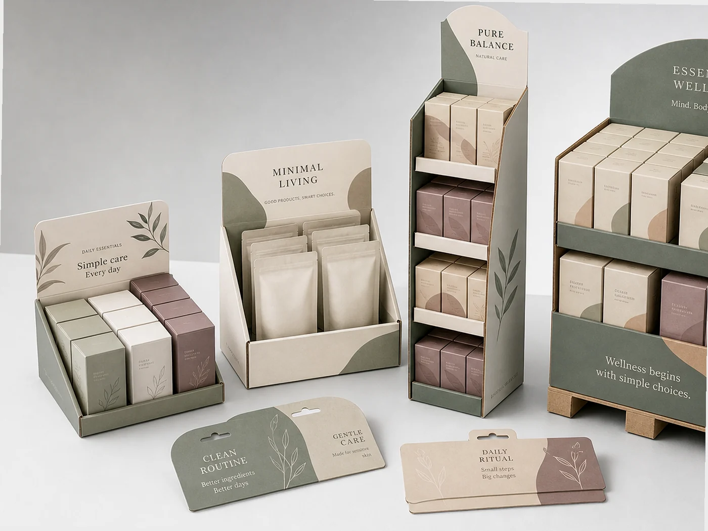 Retail display packaging structures arranged for shelf and merchandising presentation