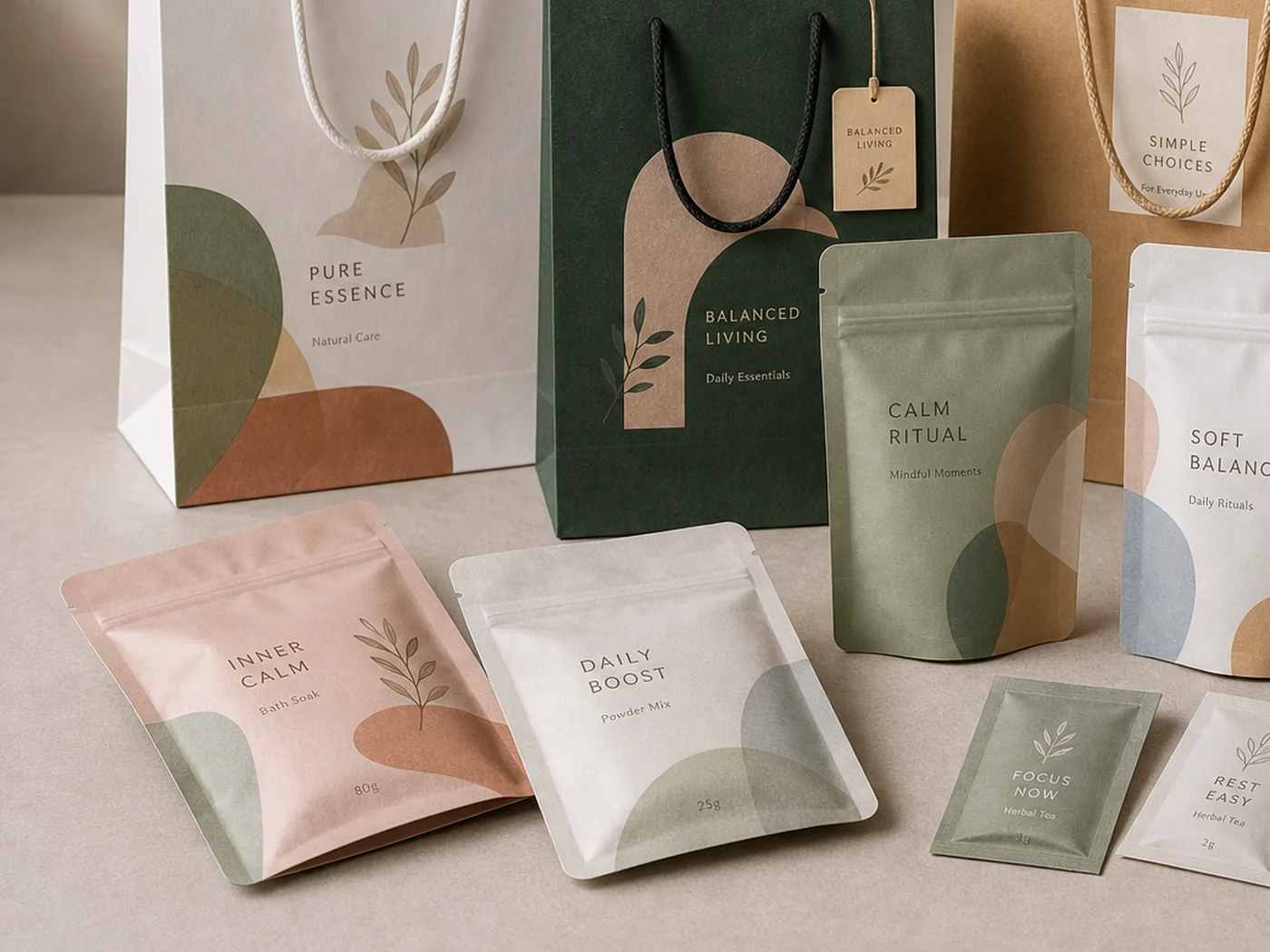Custom flexible pouch and paper bag packaging set for retail product presentation