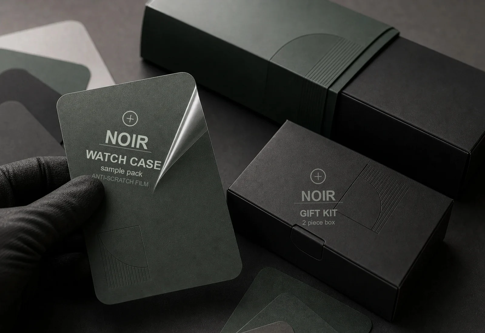 Anti scratch film finish sample card with Noir watch case packaging
