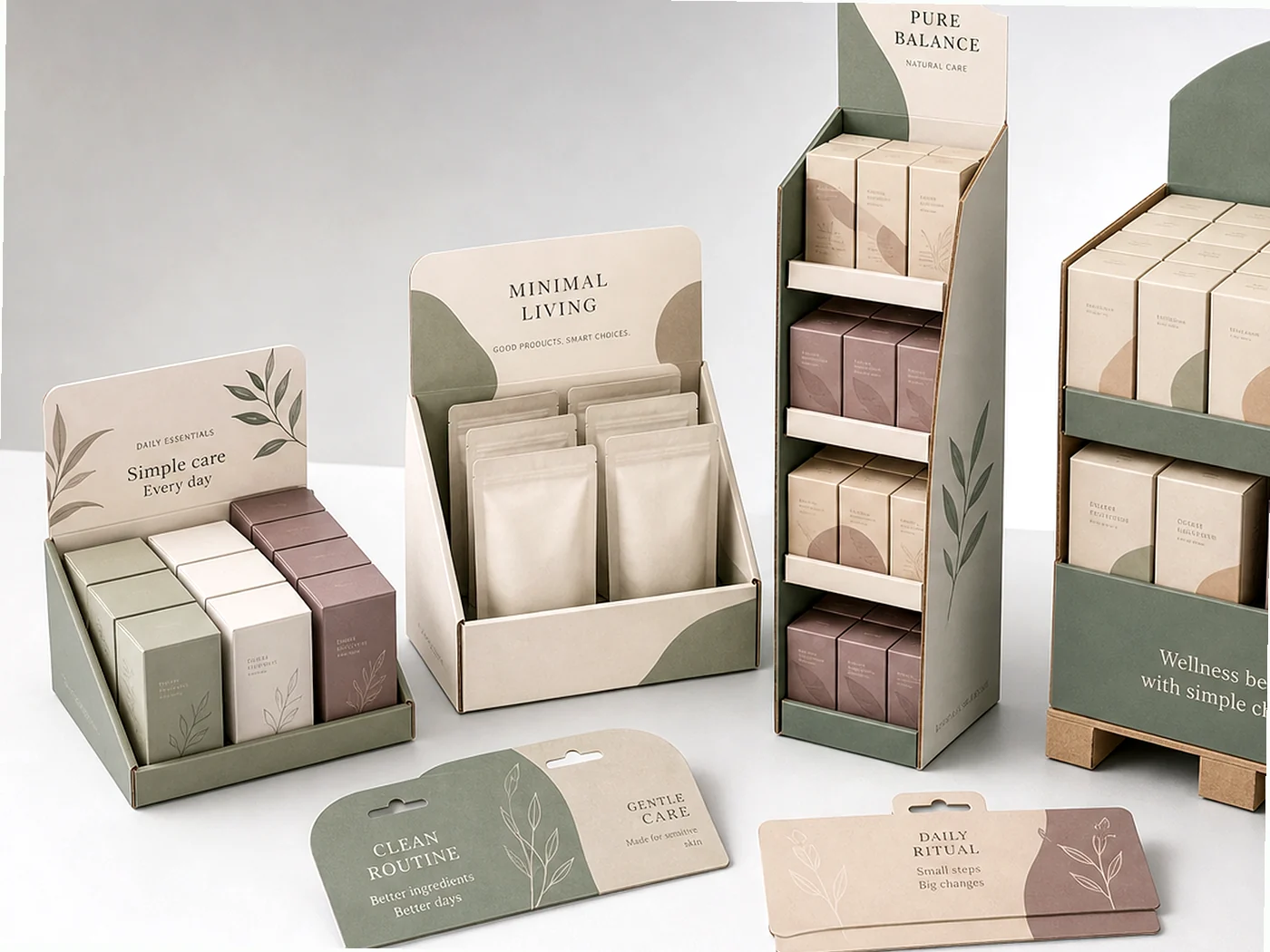 Retail display packaging structures arranged for shelf and merchandising presentation