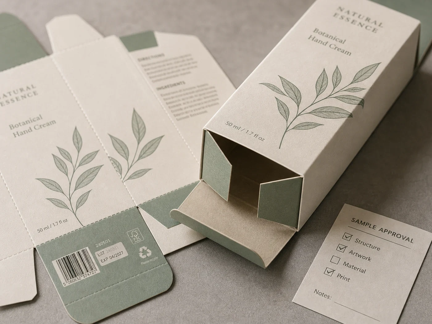 Folding carton close-up with open tuck flap, dieline proof sheet, barcode area, and printed sample label