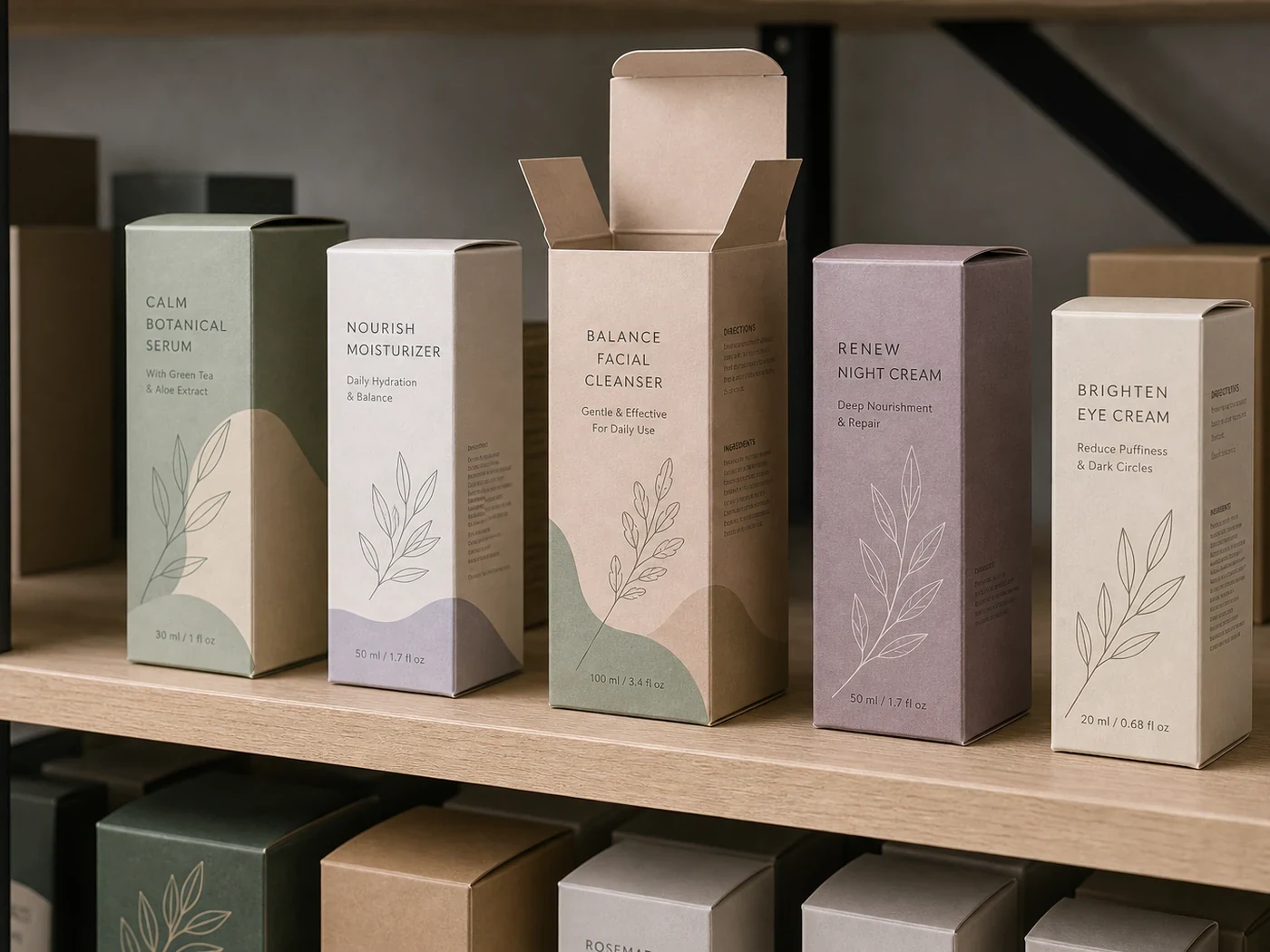 Printed folding carton samples arranged on a retail shelf with varied front panels