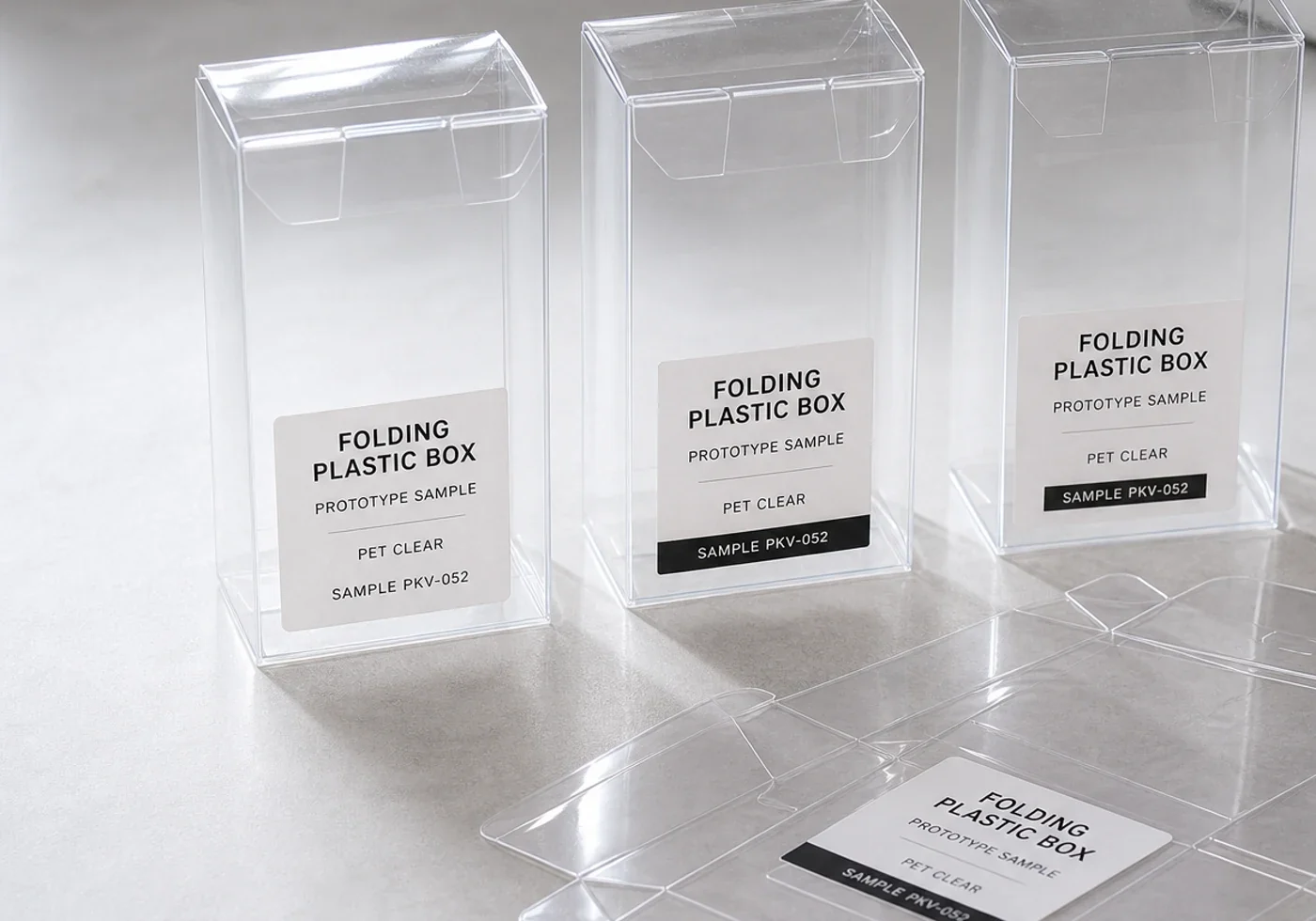 Transparent folding plastic box samples with crease lines, tuck flaps, and insert cards