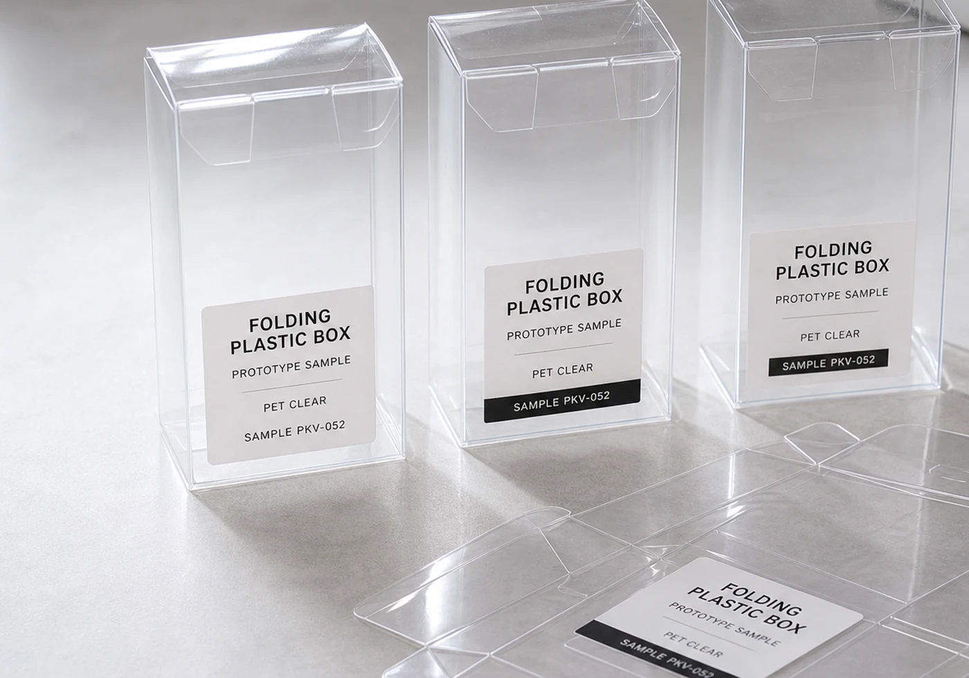 Transparent folding plastic box samples with crease lines, tuck flaps, and flat PET panel