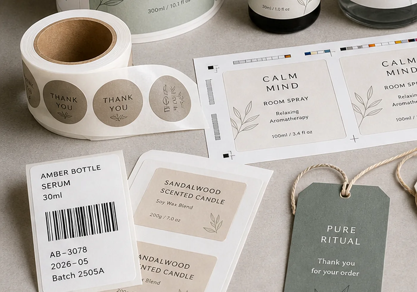 Printed labels, sleeves, stickers, and hang tags arranged with branded packaging components