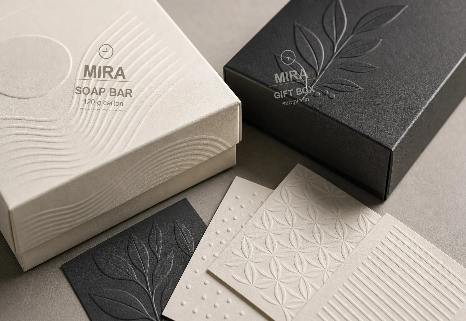 Embossed Mira soap bar packaging with raised finish sample cards
