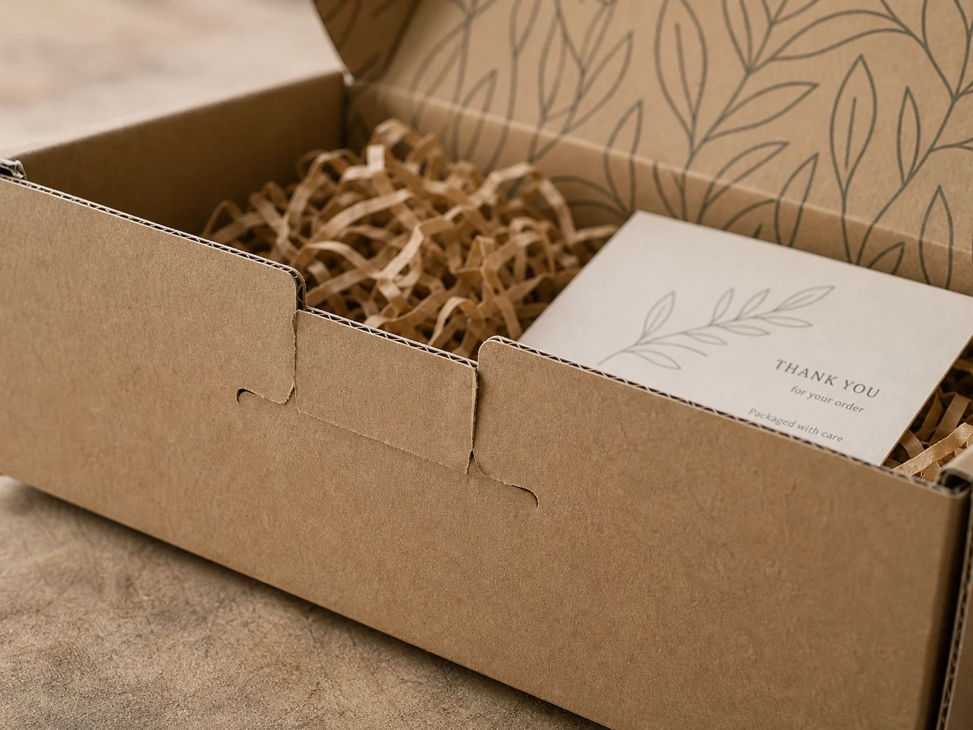 Kraft ecommerce mailer box with open lid, paper filler, and printed shipping sample label