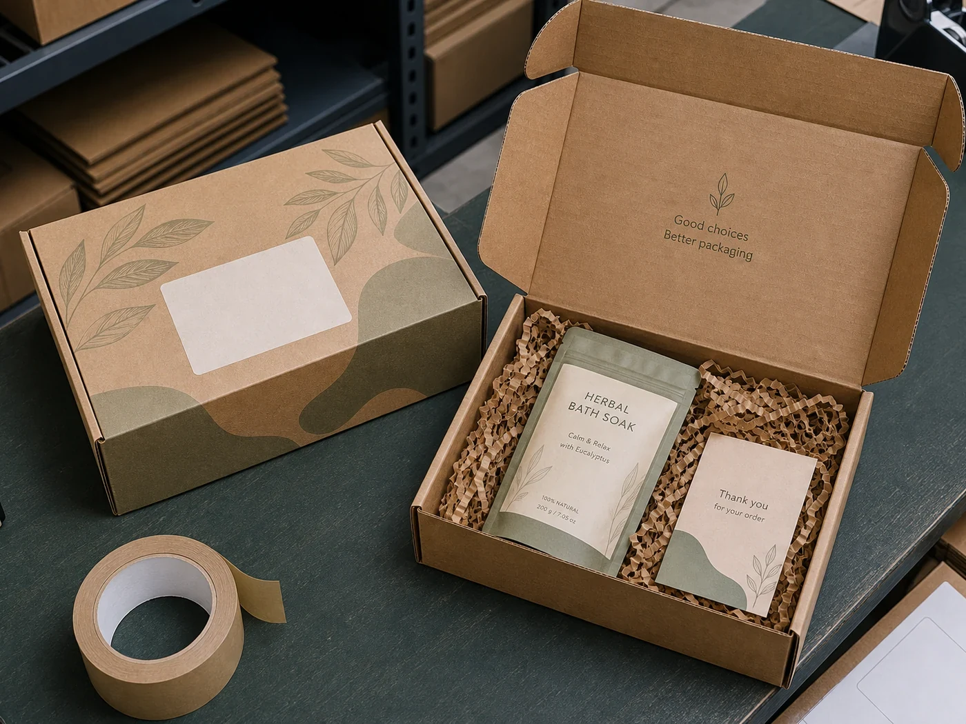 Mailer box packaging sample with inserts, product bottles, and packing materials