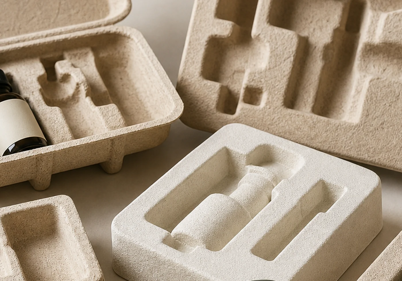 Fiber molded pulp tray packaging with formed protective cavities