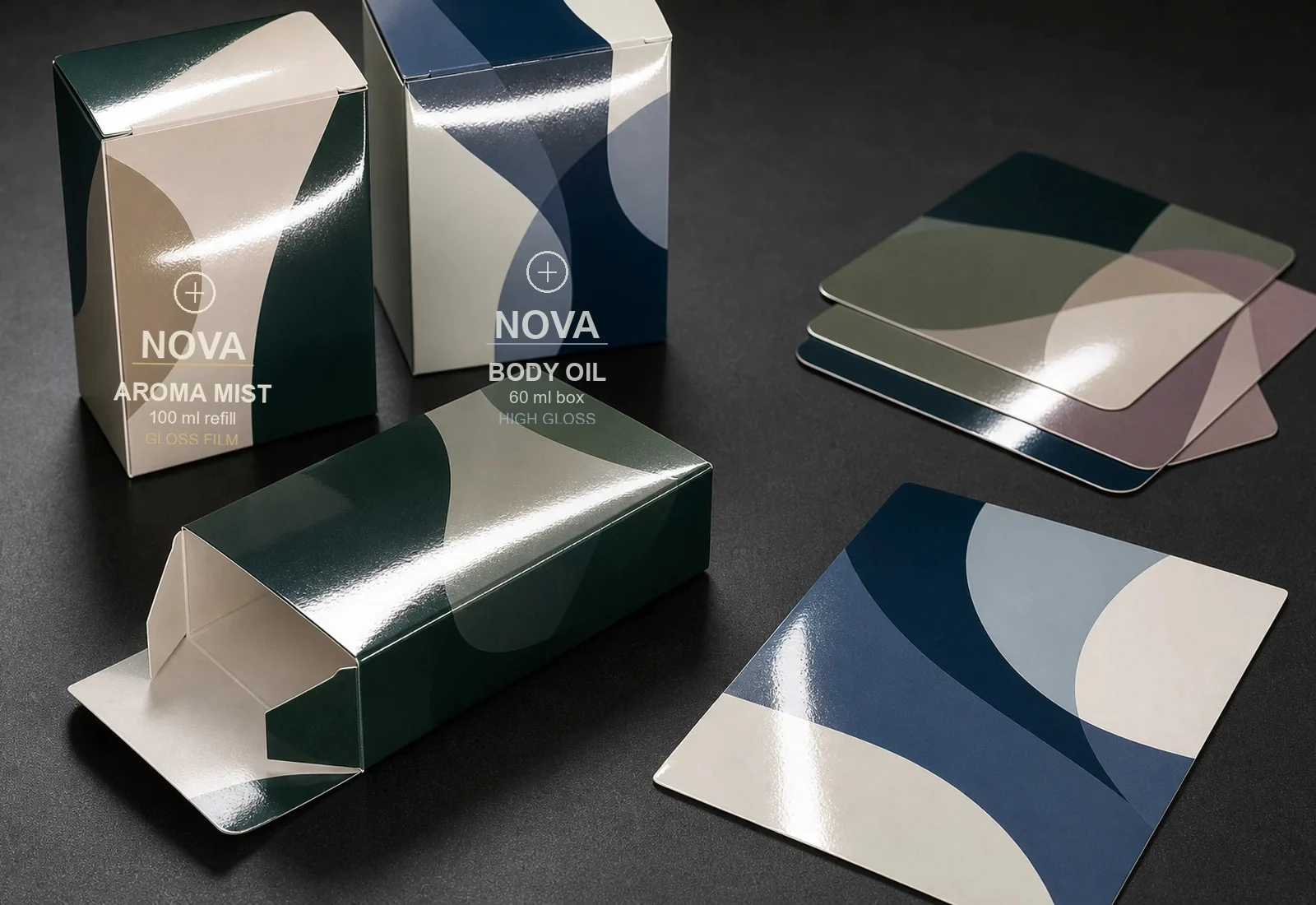 Gloss film laminated Nova packaging cartons with reflective product labels